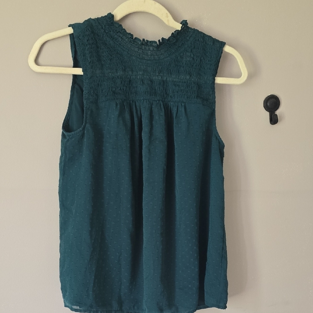 LOFT Blue Sleeveless Pleated Blouse with Mandarin Collar